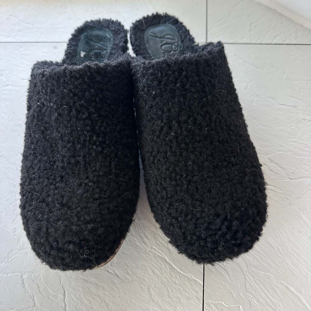 J Crew Faux Fur Sherpa Black Wooden Clogs Shoes Women Size 6 - Picture 7 of 7